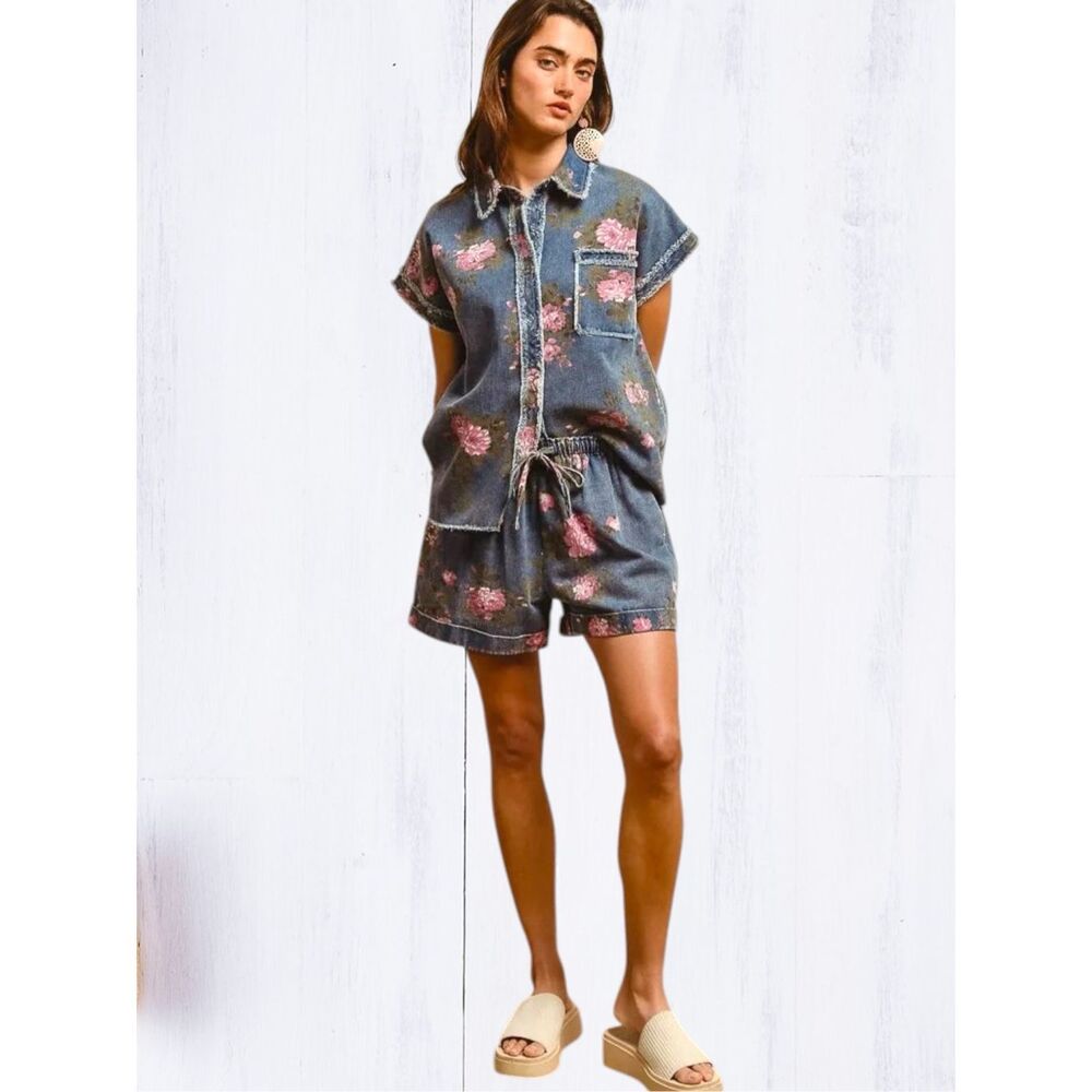 BiBi Floral Denim Short High Rise Drawstring Pink Rose Print Relaxed Fit Pockets - Picture 9 of 12